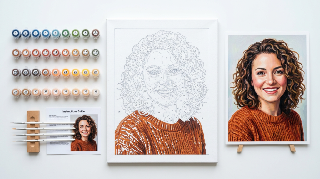 Custom paint-by-numbers kit flat lay with completed portrait