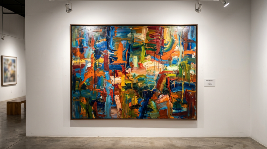 Large format painting displayed gallery-style on white wall